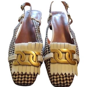 Gold Buckle Black and White Houndstooth Slide Sandals